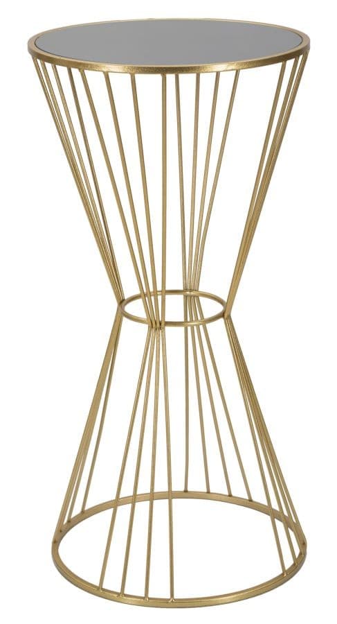 Estila Art deco okrúhly kovový zlatý príručný stolík Samer s nohou v tvare presýpacích hodín s vrchnou čiernou sklenenou doskou 100 cm
