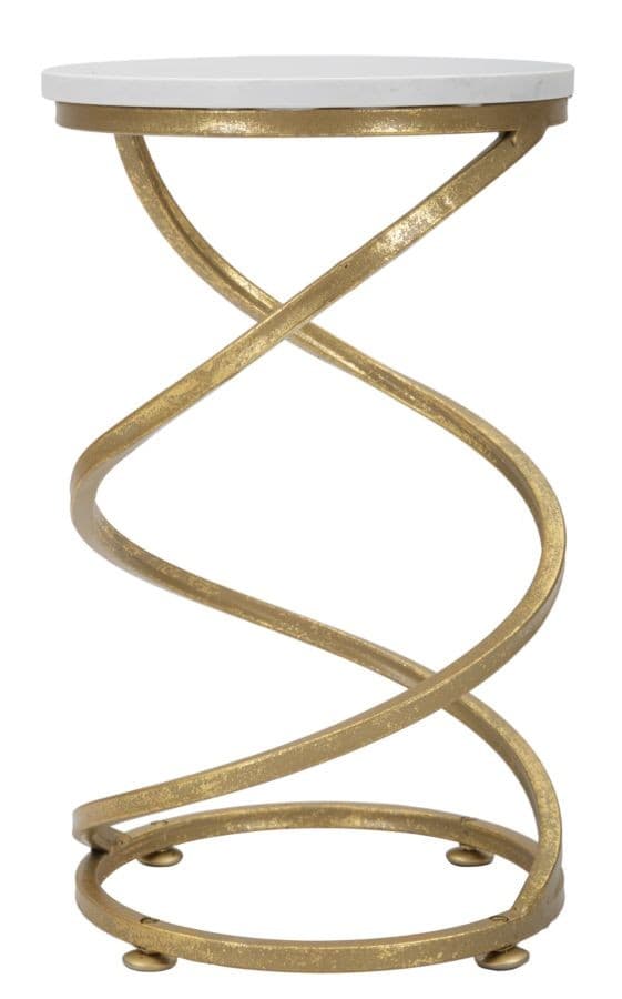 Estila Dizajnový glamour okrúhly biely príručný stolík Vortex s mramorovým dizajnom so špirálovou zlatou konštrukciou 47 cm