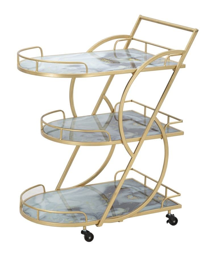 Estila Dizajnový glamour zlatý servírovací vozík Mirage geometrických tvarov na kolieskach s troma sivými mramorovými policami 85 cm