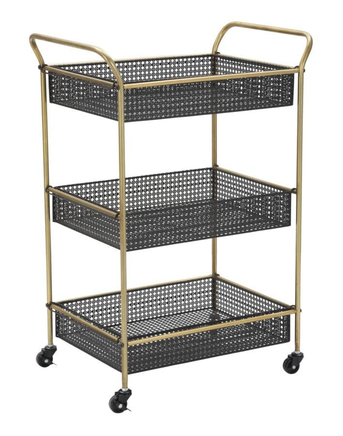 Estila Art deco obdĺžnikový kovový zlato čierny servírovací vozík Zero na kolieskach s tromi úložnými boxmi 81 cm