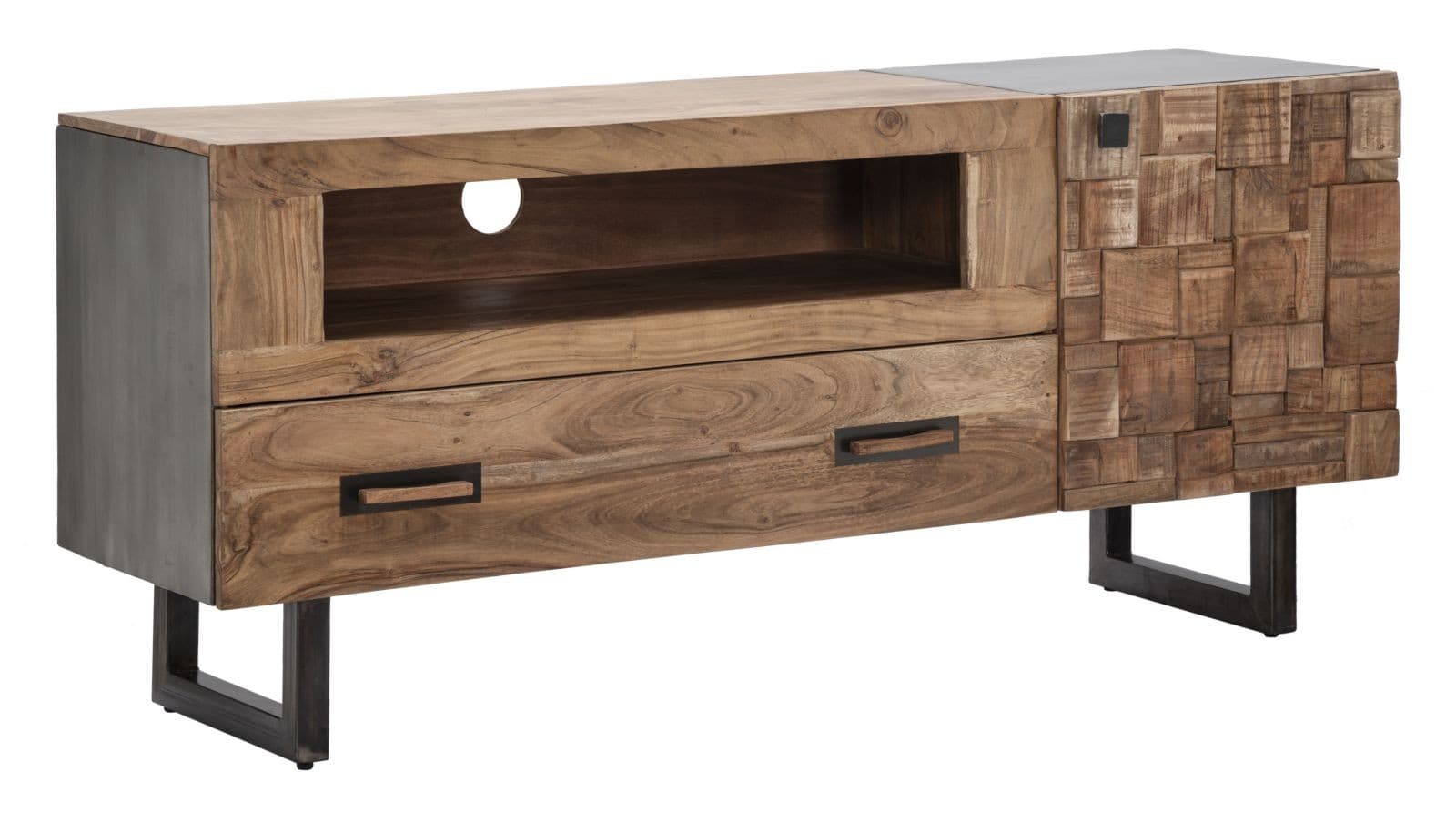 Estila Masívny moderný TV stolík Cubilio z hnedého akáciového dreva s čiernymi kovovými nožičkami mozaikovými dvierkami 145 cm 1