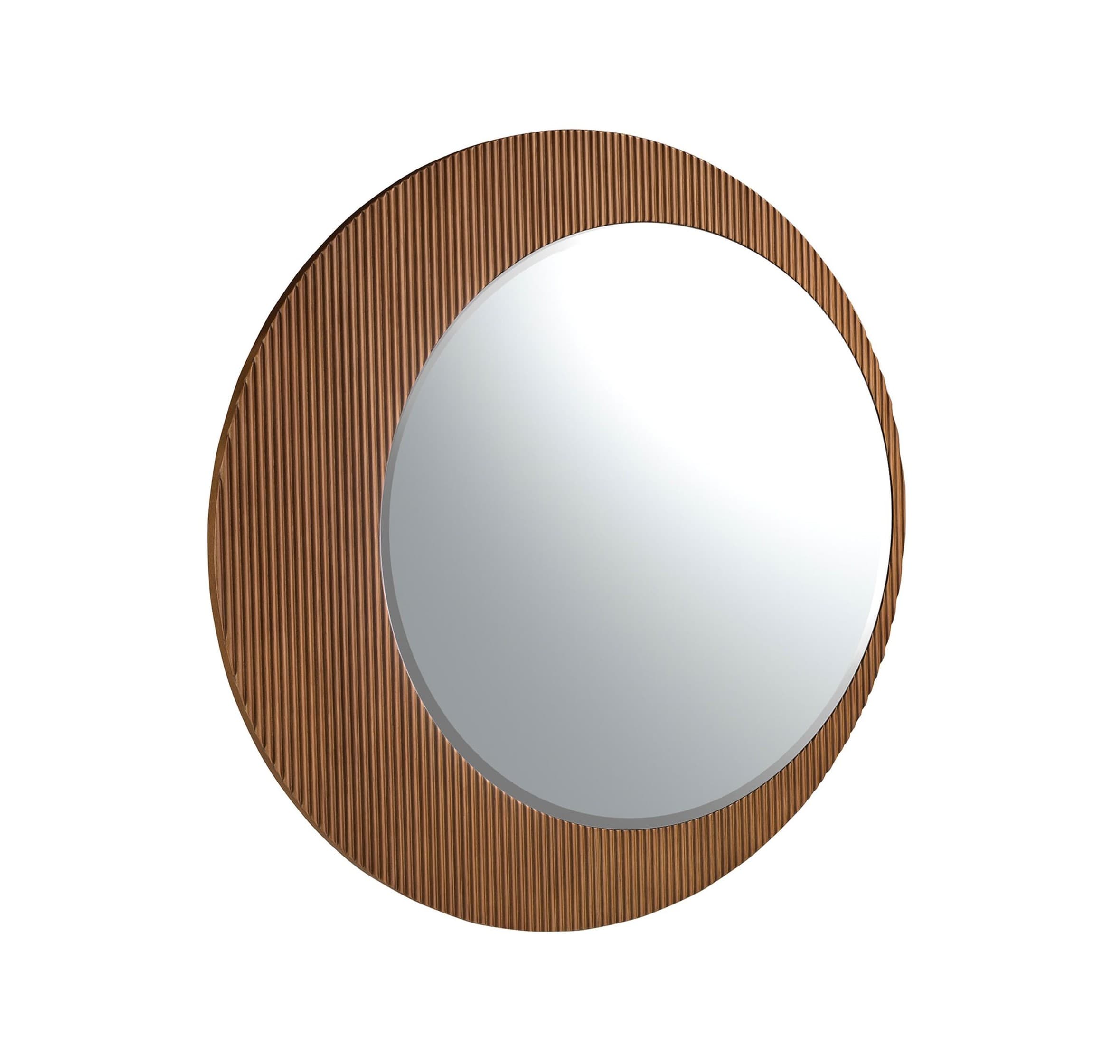 Estila Luxusné moderné okrúhle zrkadlo Esté s asymetrickým rámom z dreva s rebrovaním v orechovej hnedej farbe 110 cm
