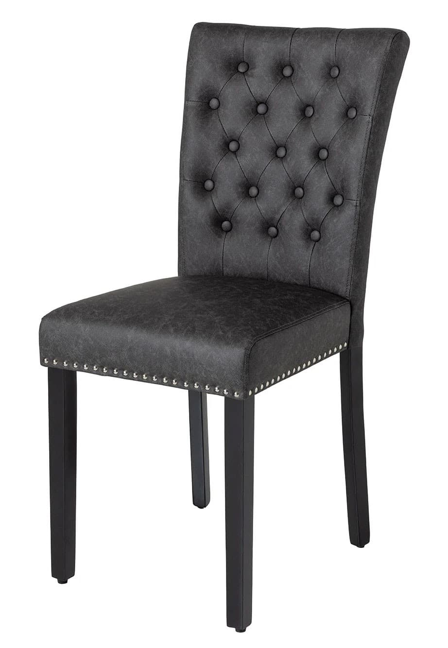 Estila Chesterfield jedálenská čalúnená stolička Silloth s čiernym koženým poťahom so striebornými nitmi s vysokým operadlom 95 cm