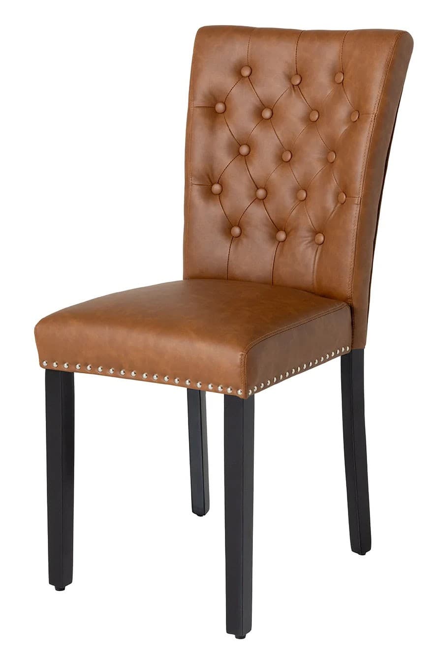 Estila Chesterfield jedálenská čalúnená stolička Silloth s hnedým koženým poťahom so striebornými nitmi s prešívaným operadlom 95 cm