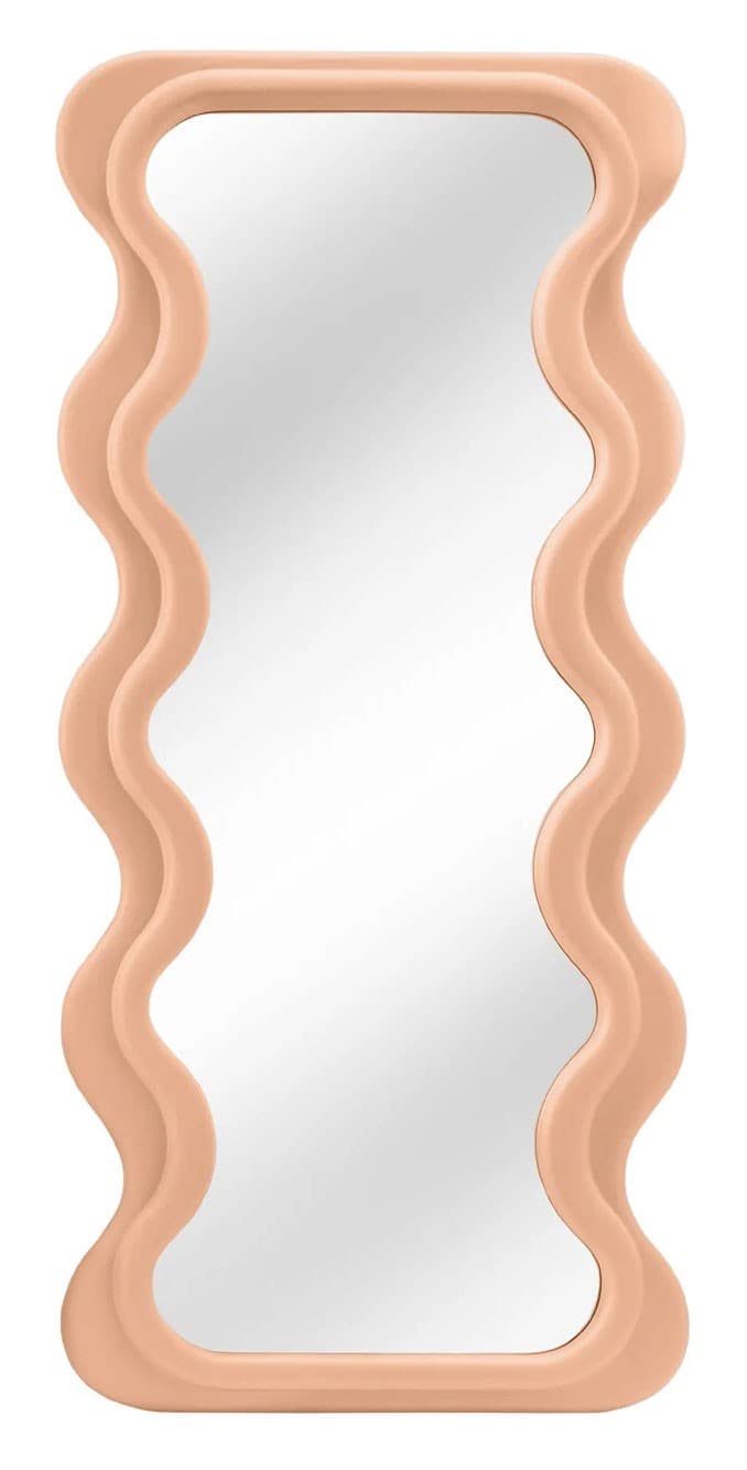 Estila Dizajnové art deco nástenné zrkadlo Swan s vlnitým obdĺžnikovým pastelovo marhuľovo oranžovým rámom 160 cm 1