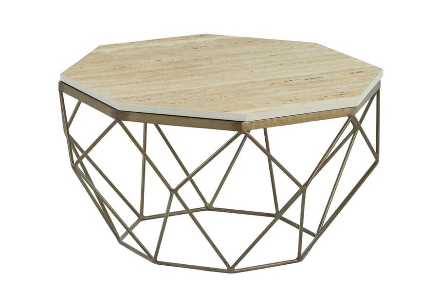 Estila Moderný osemuholníkový travertínový béžový konferenčný stolík Adamantino so zlatou geometrickou kovovou nohou 70 cm