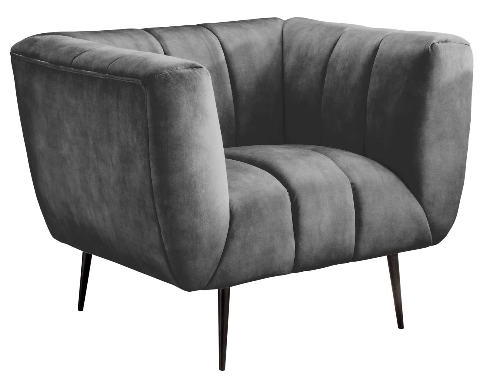 Estila Moderné industriálne kreslo Obsidian so sivým zamatovým čalúnením a kovovými nožičkami v čiernej farbe 106 cm