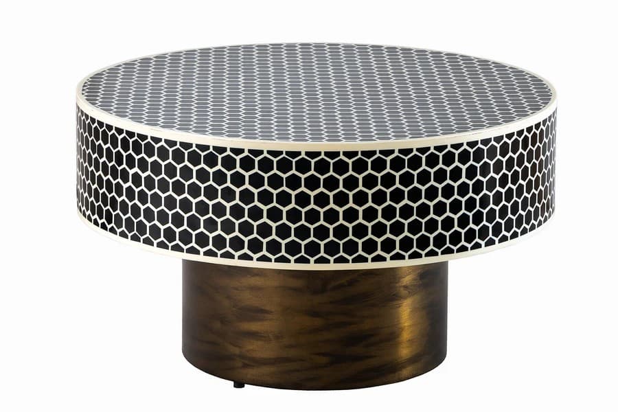 Estila Art deco okrúhly geometrický kovový konferenčný stolík Maran s vrchnou čiernou doskou s bielou intarziou z kostí 60 cm 1