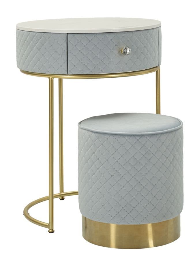 Estila Art deco sada toaletného stolíka a taburetky Glamia Tapisé s nebovo modrým zamatovým poťahom a zlatými podstavami 52 cm 1