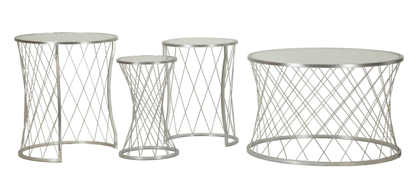 Estila Art deco sada okrúhlych strieborných príručných stolíkov Deli so štruktúrovanou doskou a nohou s diamantovým vzorom 70 cm