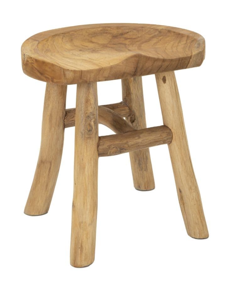 Estila Vidiecka okrúhla hnedá taburetka Mila so štruktúrou letokruhov z teakového dreva so štyrmi nožičkami 42 cm