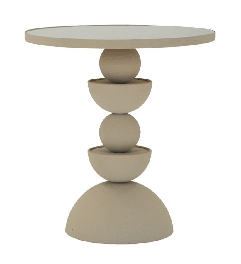 Estila Moderný okrúhly pieskovo béžový príručný stolík Agafay so zrkadlovou vrchnou doskou a geometrickou kovovou nohou 42 cm 1