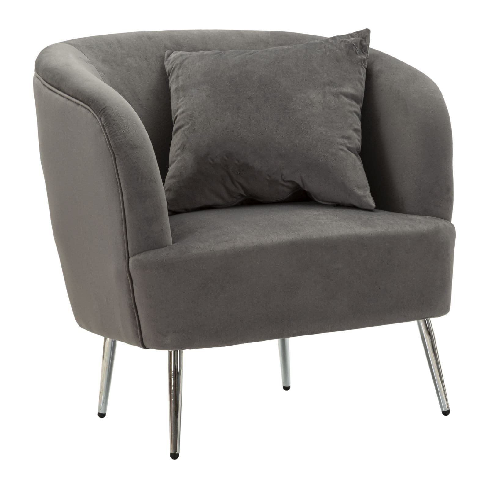 Estila Moderné glamour kreslo Cally s vankúšom so sivým zamatovým čalúnením a lesklými chrómovými nožičkami 78 cm