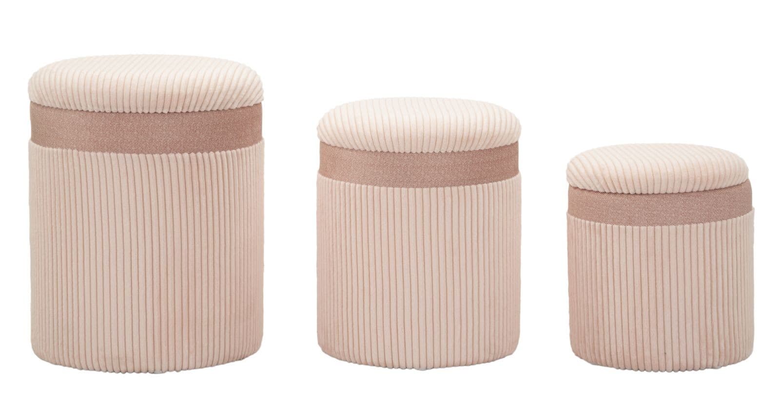 Estila Moderný set troch okrúhlych zamatových ružových taburetiek Mendy s rebrovaným poťahom s úložným priestorom 49 cm