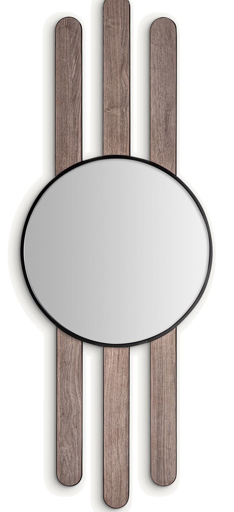 Estila Art deco nástenné okrúhle masívne zrkadlo Missy s čiernym kovovým rámom a hnedým dreveným dekorom 222 cm