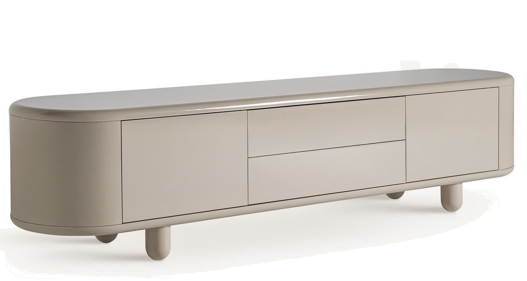 Estila Luxusný béžový moderný TV stolík Lorian oblého tvaru s úložným priestorom s lesklým povrchom s oblými nožičkami 240 cm 1