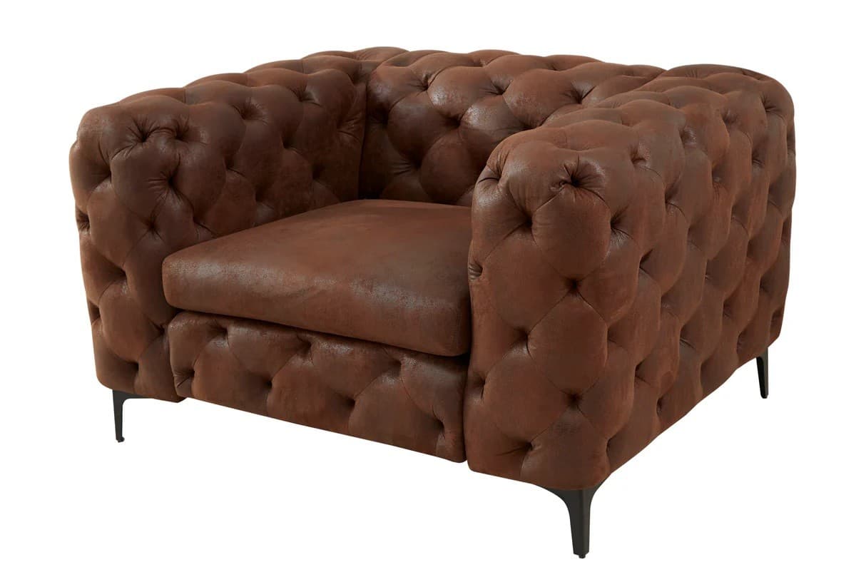 Estila Chesterfield hnedé kožené prešívané kreslo Modern Barock s mohutnými opierkami a kovovými čiernymi nožičkami 120 cm