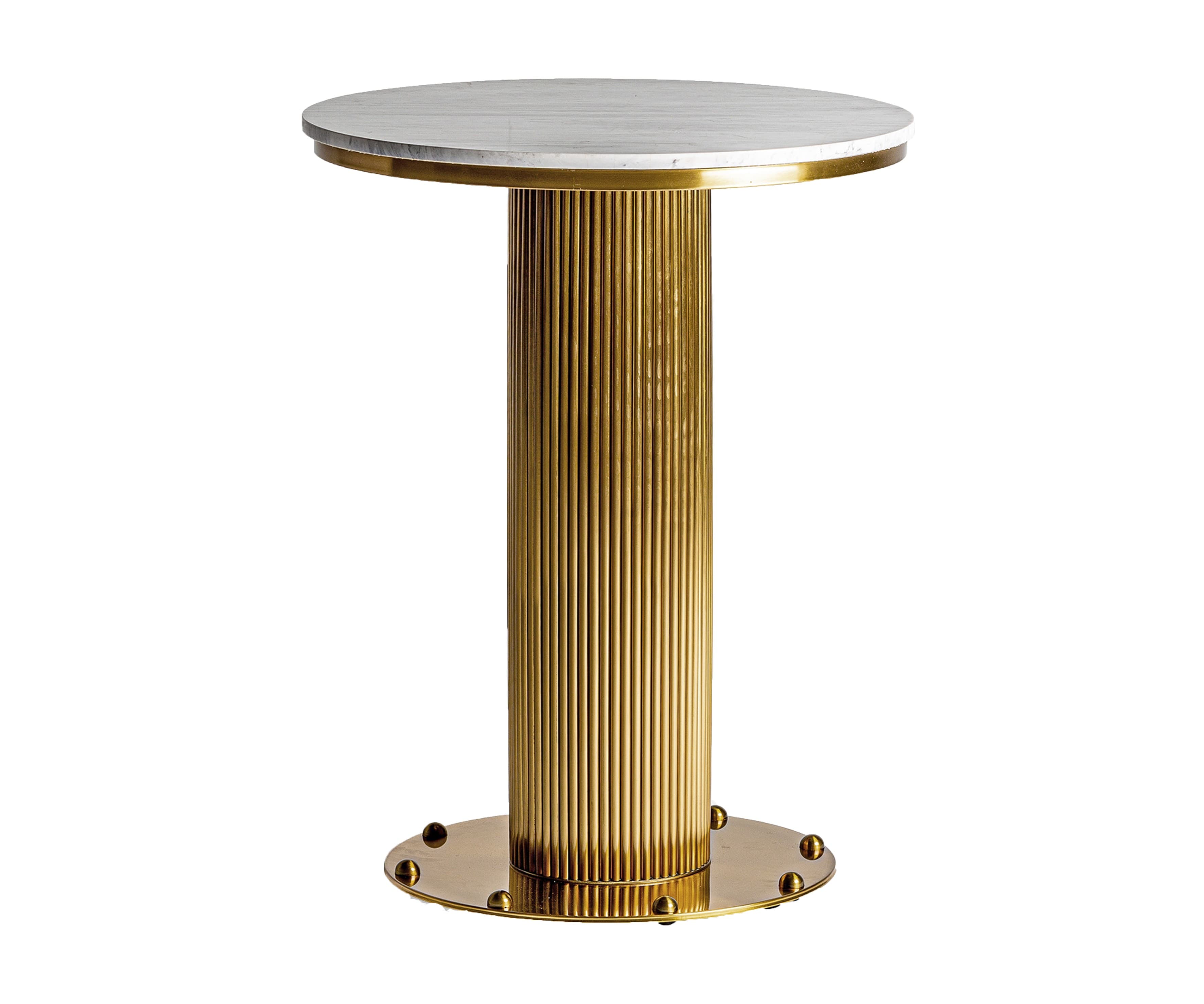 Estila Luxusný art deco okrúhly mramorový barový stôl Benny so zlatou kovovou nohou a vrchnou bielou doskou so sivými žilkami 76 cm 1