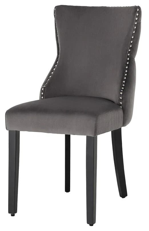 Estila Zámocká jedálenská stolička Modern Barrock s čalúnením zo sivého zamatu a strieborné nity s chrómovým levím klopadlom 90 cm