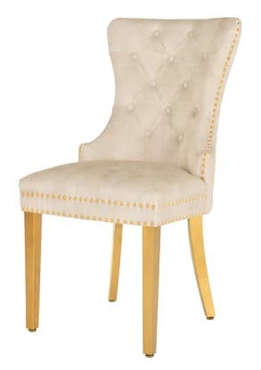 Estila Glamour čalúnená prešívaná béžová jedálenská stolička Modern Barock so zlatými kovovými nožičkami a klopkadlom 98 cm