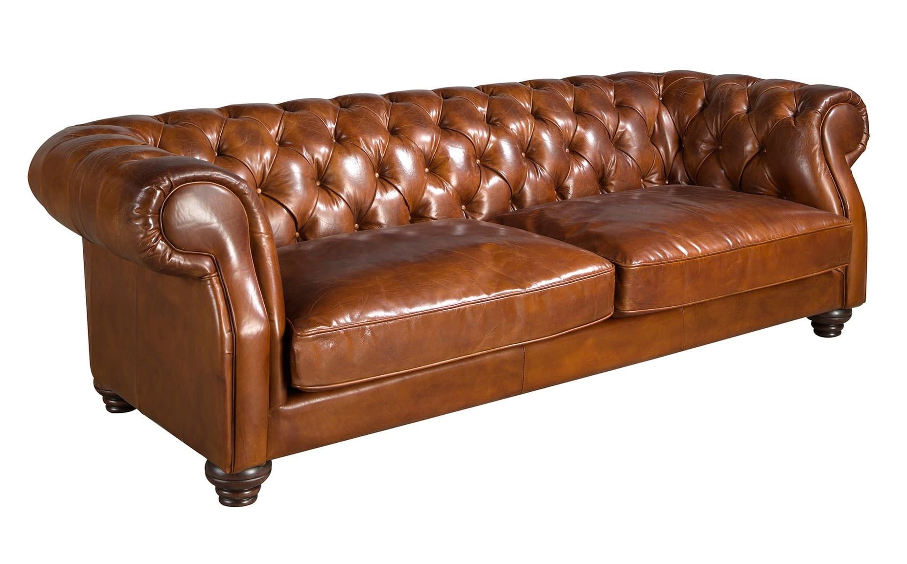 Estila Luxusná chesterfield koňakovo hnedá trojmiestna sedačka Hastings s poťahom z pravej kože a vyrezávanými nožičkami 226 cm 1