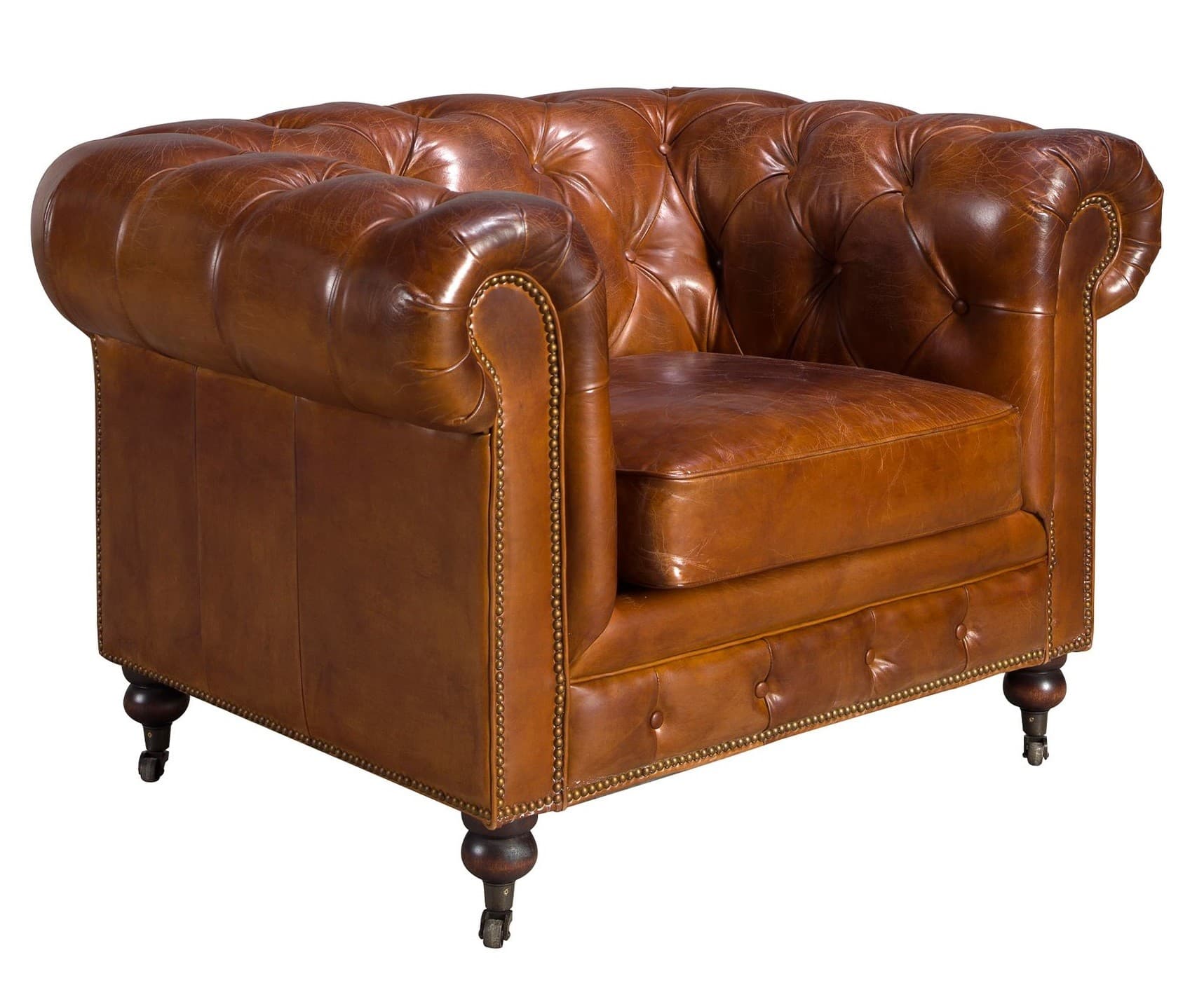 Estila Luxusné chesterfield kreslo Hastings s poťahom z pravej kože v koňakovom hnedom odtieni s dizajnovými kolieskami 120 cm 1