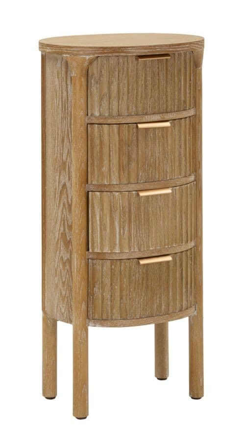 Estila Štýlová art deco oválna drevená komoda Meer so štyrmi zásuvkami v hnedej farbe s medenými úchytkami 82 cm 1