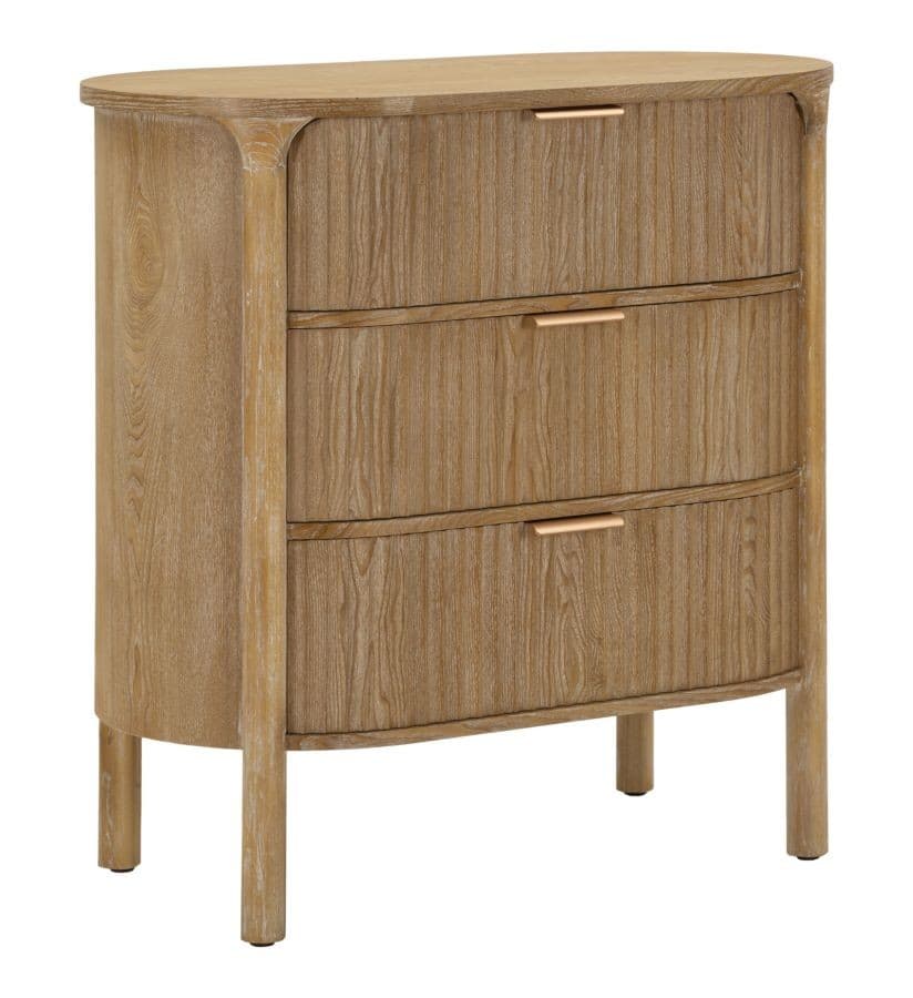 Estila Štýlová art deco oválna drevená komoda Meer v hnedej farbe s vyrezávanou drážkovanou štruktúrou a tromi zásuvkami 82 cm