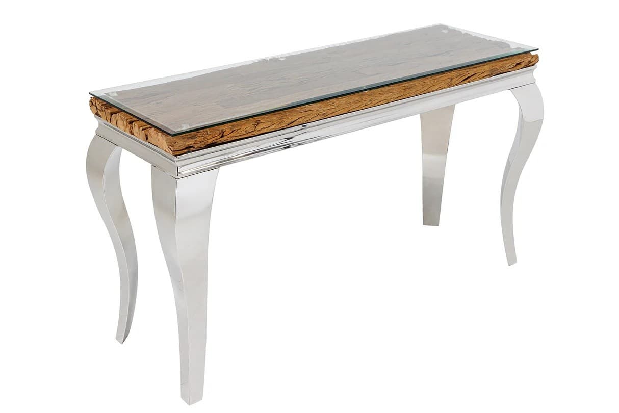 Estila Luxusný glamour konzolový stolík Modern Barock s chrómovou konštrukciou a doskou z hnedého masívneho dreva a skla 145 cm