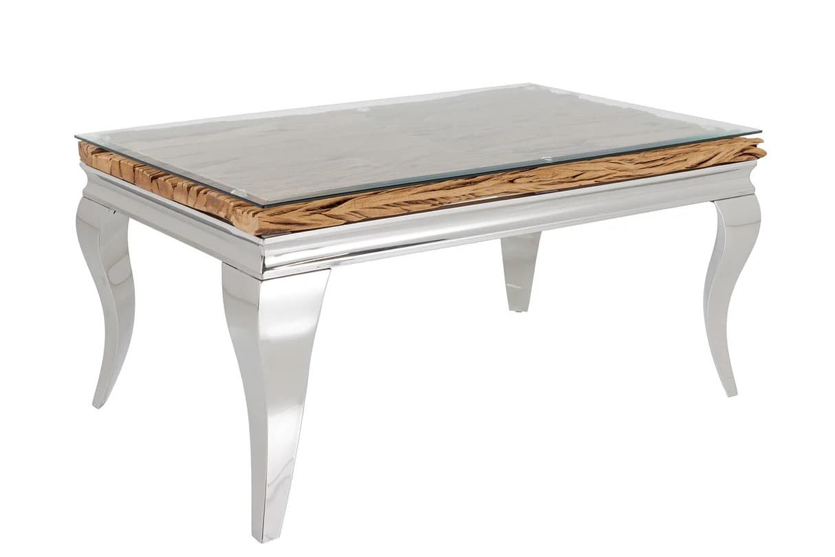 Estila Luxusný dizajnový obdĺžnikový konferenčný stolík Modern Barock s chrómovou podstavou a doskou zo skla a masívneho dreva 100 cm 1