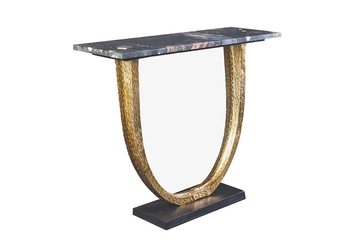 Estila Art deco obdĺžnikový konzolový stolík Lorentia s čiernou mramorovou doskou a ručne tvarovanou zlatou kovovou konštrukciou 79 cm