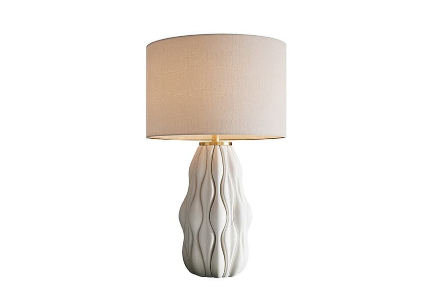 Estila Dizajnová moderná stolná lampa Davey s keramickou podstavou so zvlneným vzorom a textilným tienidlom v bielej farbe 65 cm