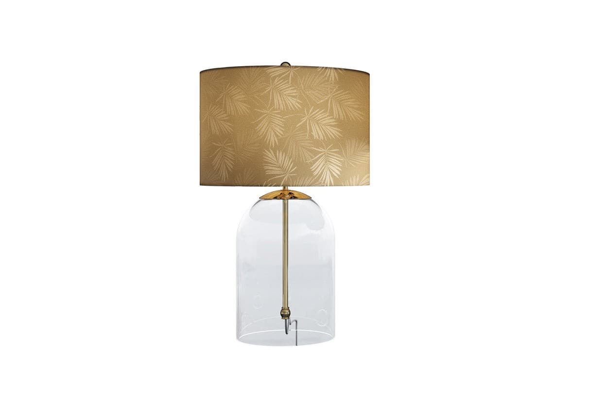Estila Dizajnová glamour nočná lampa Gambier so zlatým tienidlom so vzorom palmových listov a priehľadnou sklenenou nohou 47 cm 1