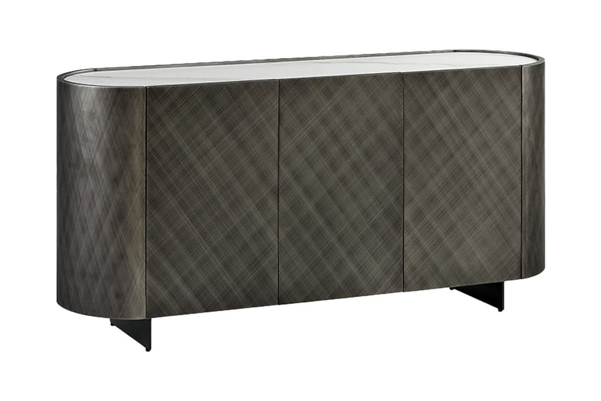 Estila Luxusný oválny art deco antracitový sivý trojdverový príborník Monac s vrchnou bielou mramorovou doskou 150 cm