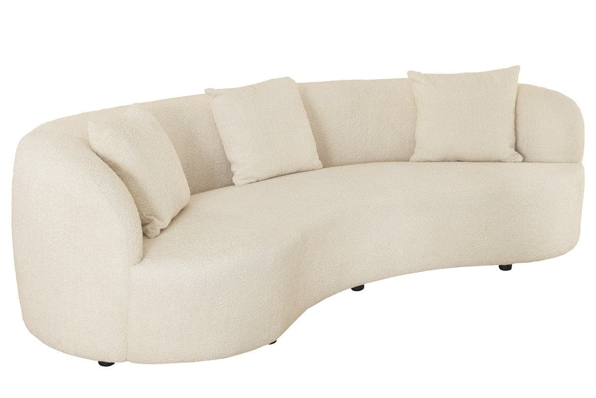 Estila Dizajnová art deco sedačka Jina v poloblúkovom tvare s béžovým poťahom z buklé látky a tromi vankúšmi 229 cm