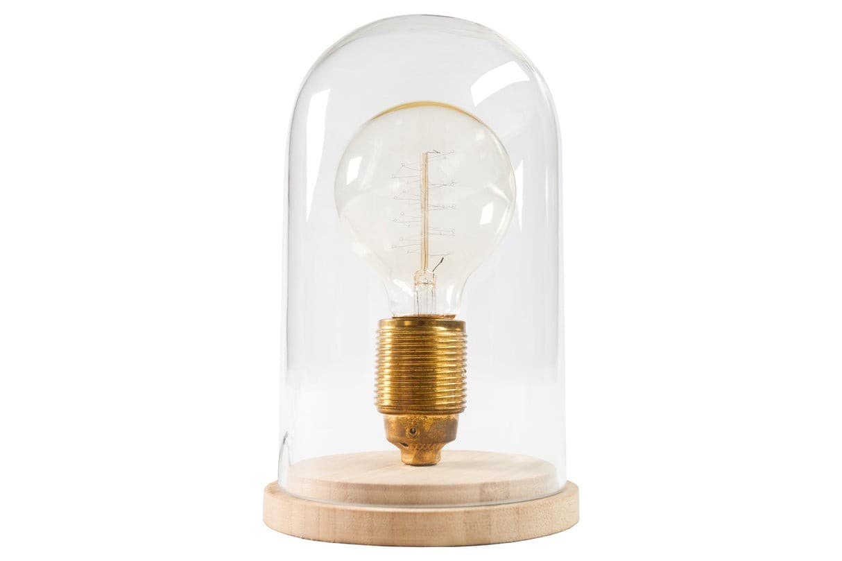 Estila Dizajnová retro stolná lampa Edison s hnedou drevenou podstavou a priehľadným skleneným tienidlom 22 cm