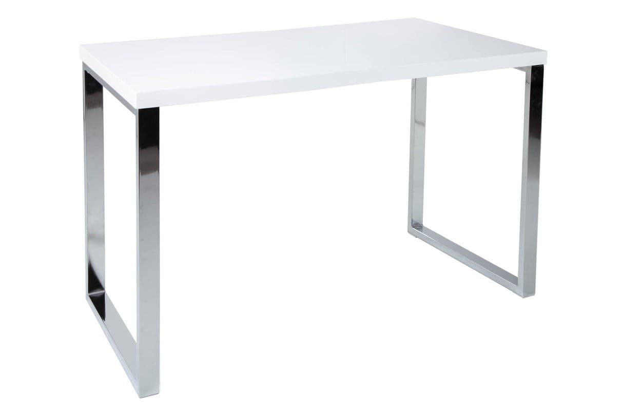 Estila Moderný písací stôl Linear s bielou lesklou doskou a hranatými kovovými nohami v striebornej chrómovej úprave 120 cm