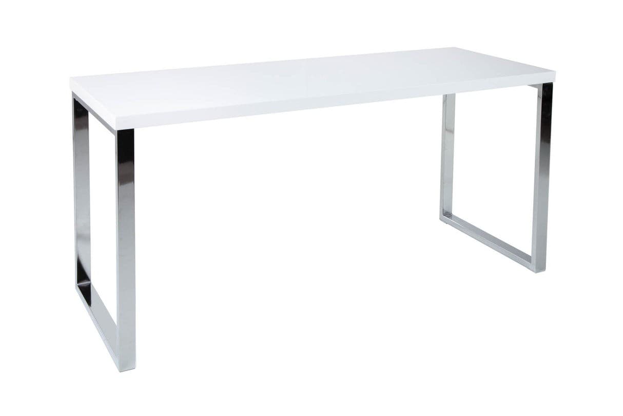 Estila Moderný obdĺžnikový biely písací stôl White Desk s lesklou doskou a hranatými striebornými kovovými chrómovými nohami 140 cm