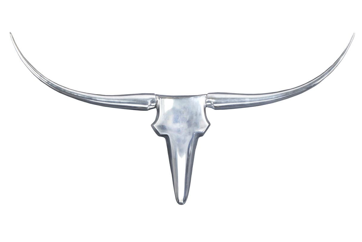 Estila Glamour chrómová nástenná dekorácia Silver Bull v tvare býčej lebky s lesklým povrchom a zaoblenými rohmi 120 cm