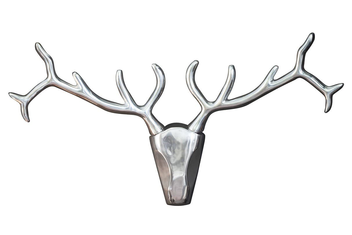 Estila Glamour štýlová nástenná strieborná chrómová dekorácia Deerhead s hlavou jeleňa a rozvetvenými parohmi 90 cm