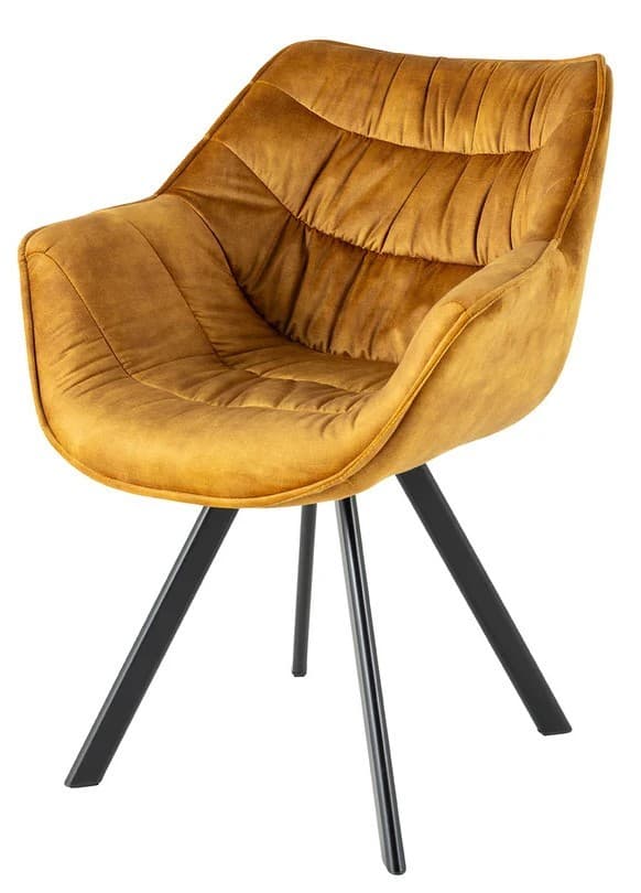 Estila Moderná horčicovo žltá jedálenská stolička Monzana so zamatovým prešívaním s čiernymi kovovými nožičkami 82 cm