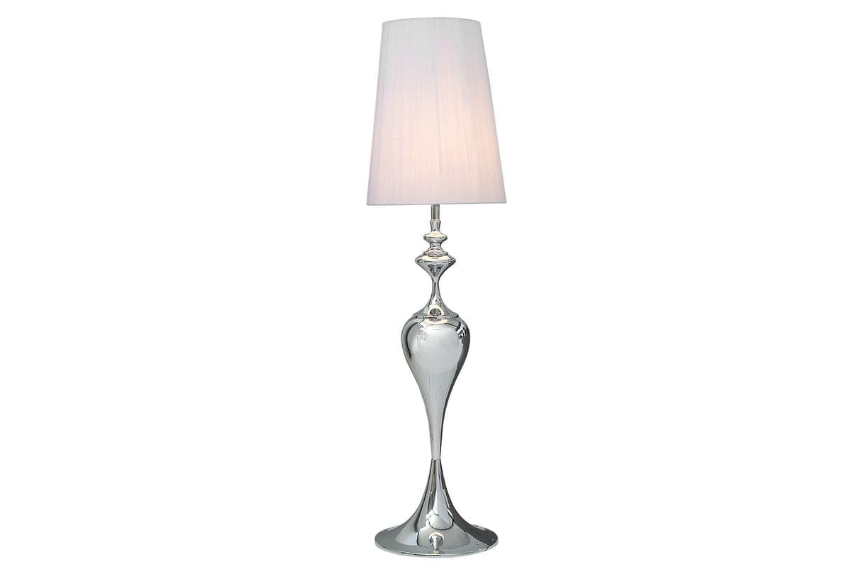 Estila Glamour stojaca lampa Lucie s tvarovanou chrómovou podstavou v striebornej farbe a bielym okrúhlym tienidlom z nylonu 160 cm