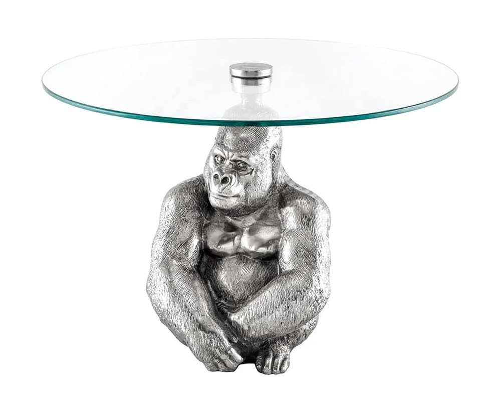 Estila Art deco okrúhly príručný stolík Tierra Glam so striebornou kovovou podstavou v podobe gorily a sklenenou doskou 60 cm