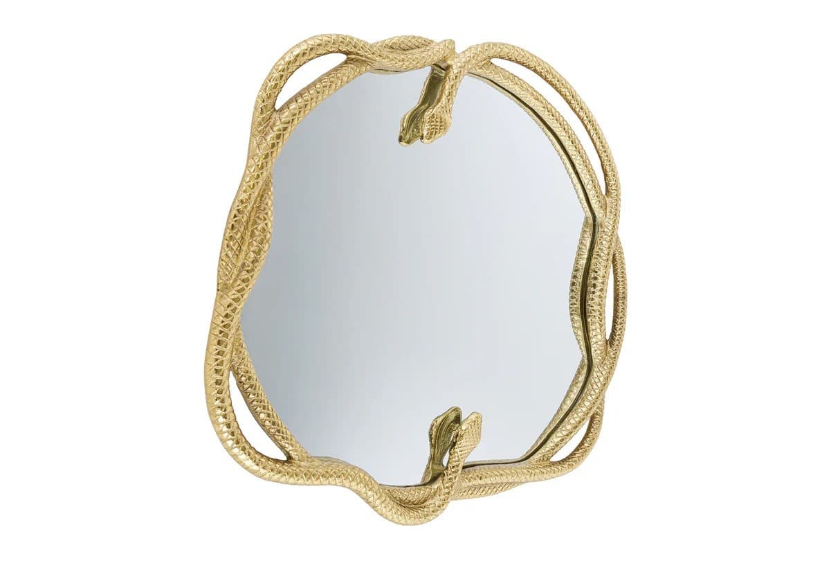 Estila Art deco okrúhle závesné zrkadlo Serpente so zlatým kovovým rámom v tvare hadov 52 cm