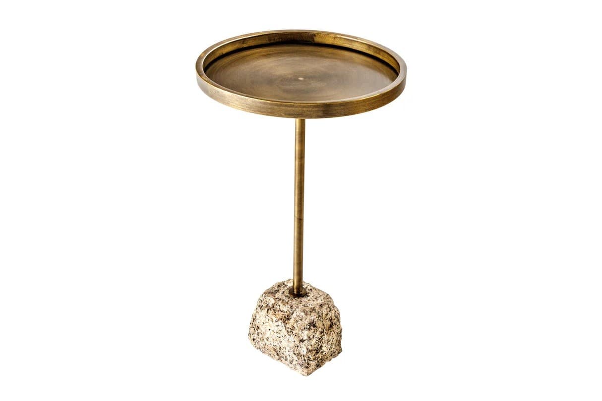Estila Art deco okrúhly príručný stolík Stone so zlatou kovovou doskou s vyvýšeným okrajom a asymetrickou mramorovou podstavou 60 cm