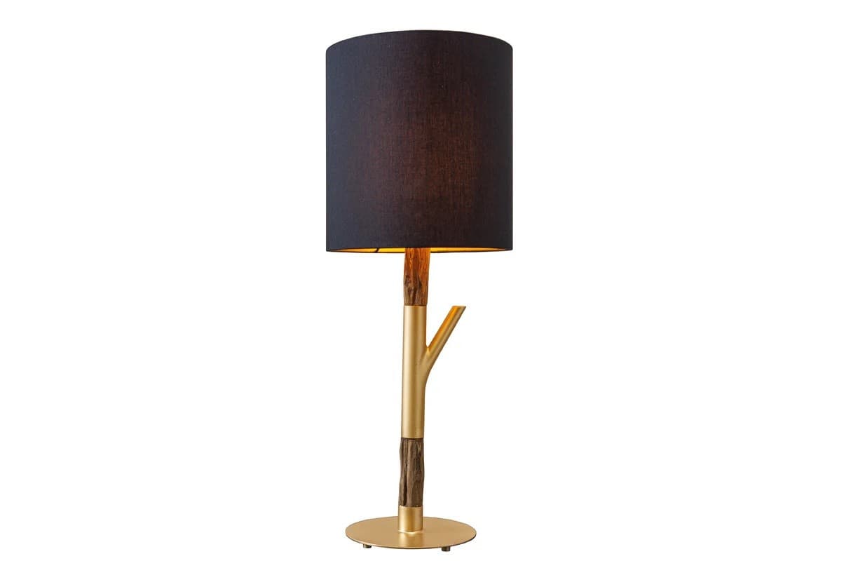 Estila Dizajnová moderná stolná lampa Mervik s čiernym tienidlom a hnedou drevenou nohou so zlatými kovovými detailmi 74 cm