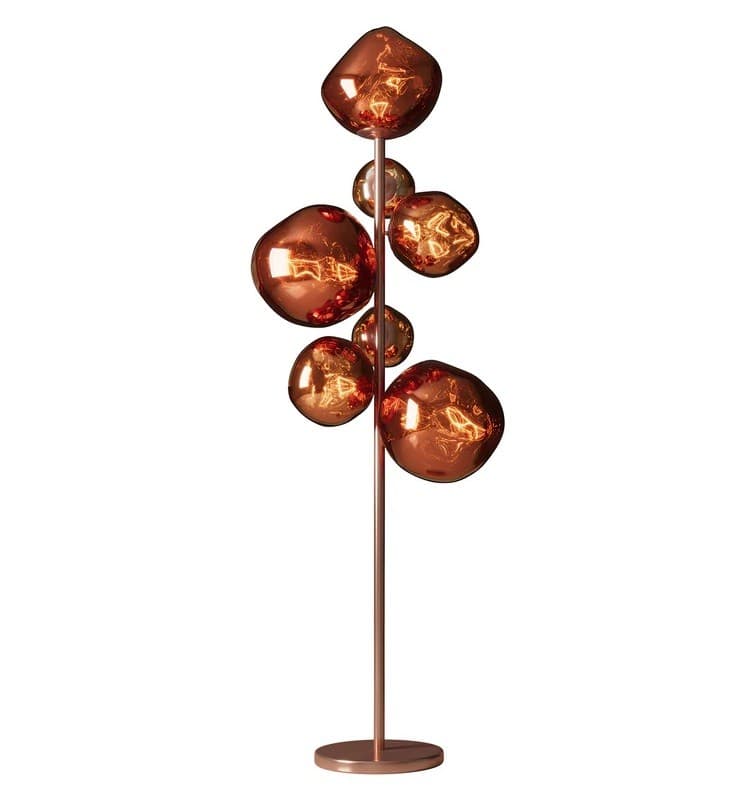 Estila Glamour bronzová stojaca lampa Kalan so siedmimi sklenenými tienidlami v tvare kvapiek a okrúhlou kovovou podstavou 170 cm 1
