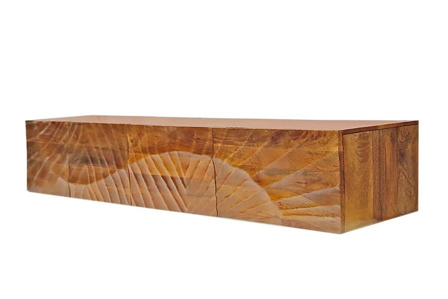 Estila Art deco masívny nástenný TV stolík Cumbria z mangového hnedého dreva s reliéfom lúčov a štyrmi dvierkami 200 cm 1