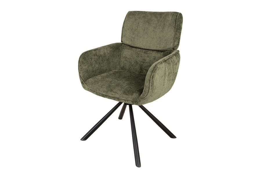 Estila Moderné zelené otočné jedálenské kreslo Chenill zaoblených tvarov s ženilkovým poťahom s čiernymi kovovými nožičkami 84 cm 1