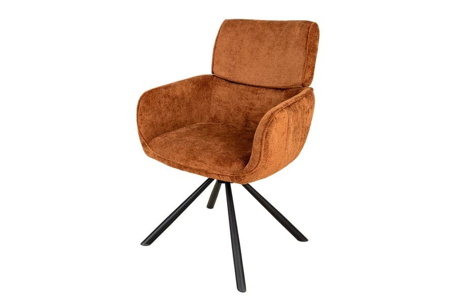 Estila Moderné otočné zaoblené jedálenské kreslo Chenill s oranžovým poťahom s čiernymi kovovými nožičkami 84 cm 1